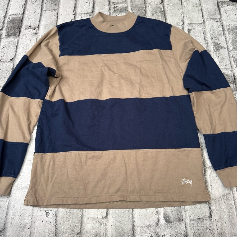 Stussy striped long-sleeve rugby shirt navy and beige Sz Large Men’s - Picture 2 of 12